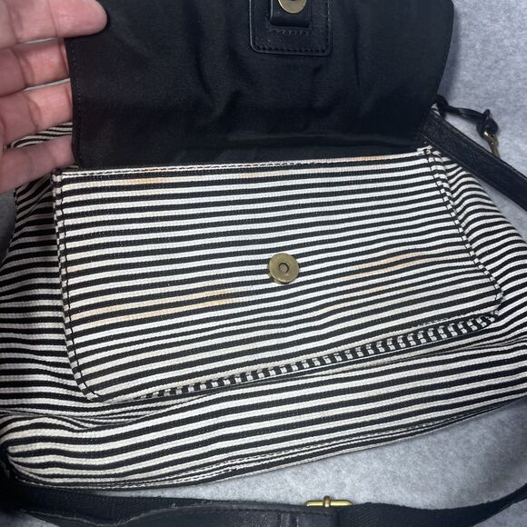 Fossil Crossbody Bag Womens Black White Stripe‎ Canvas Brown Leather Pocket Key - Picture 3 of 16